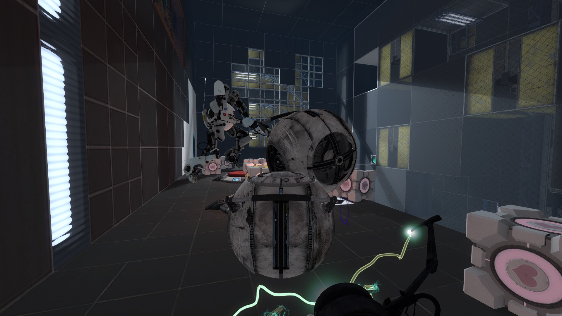 Screenshot of gameplay. Multiple Companion Cubes and Wheatley entities are present.